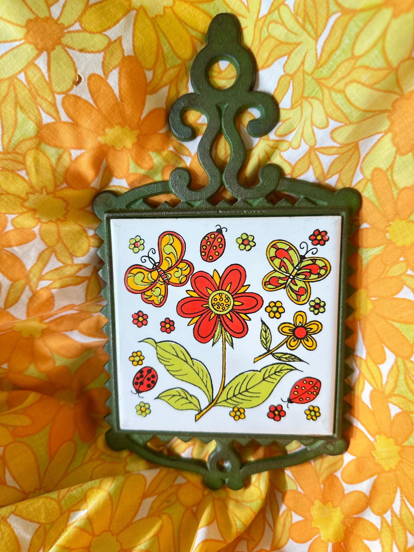 Vintage Cast Iron & Tile Trivet Hot Plate 🌼🦋