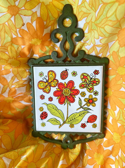 Vintage Cast Iron & Tile Trivet Hot Plate 🌼🦋