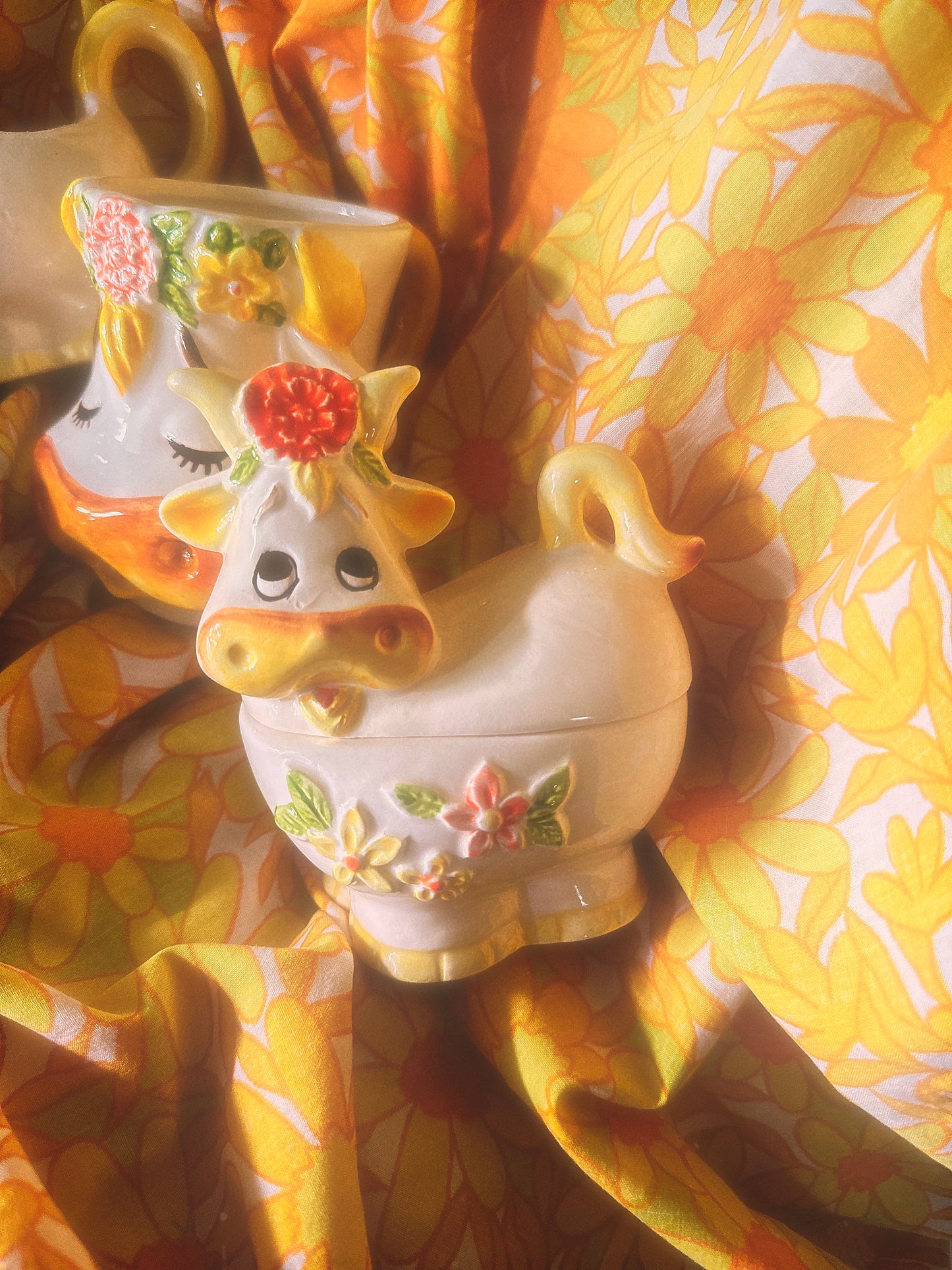 Vintage 1970s Lefton Bossie the Cow Mug, Sugar & Creamer Set (see description)🐮🌼🧡