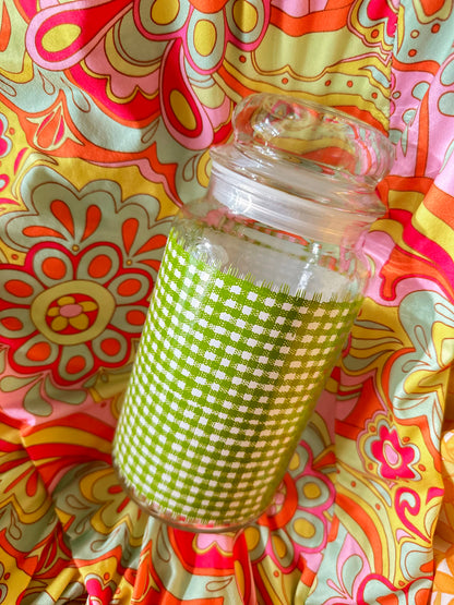 Vintage Large Green Gingham Glass Tea Storage Canister Jar