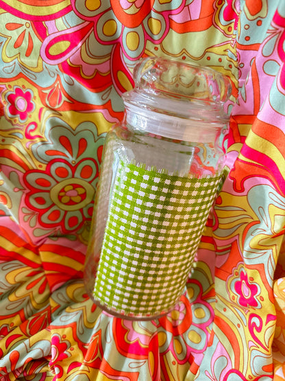 Vintage Large Green Gingham Glass Tea Storage Canister Jar
