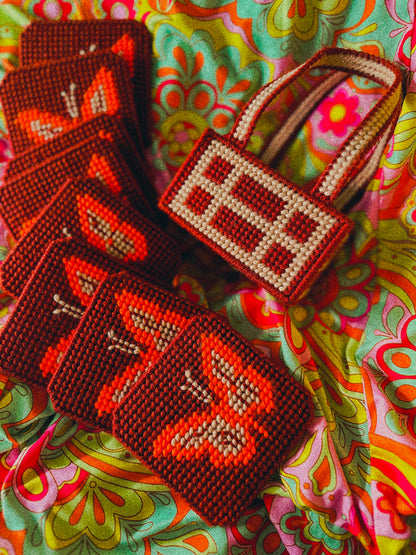 Vintage Needlepoint Butterfly Coaster Set with Matching Holder 🦋