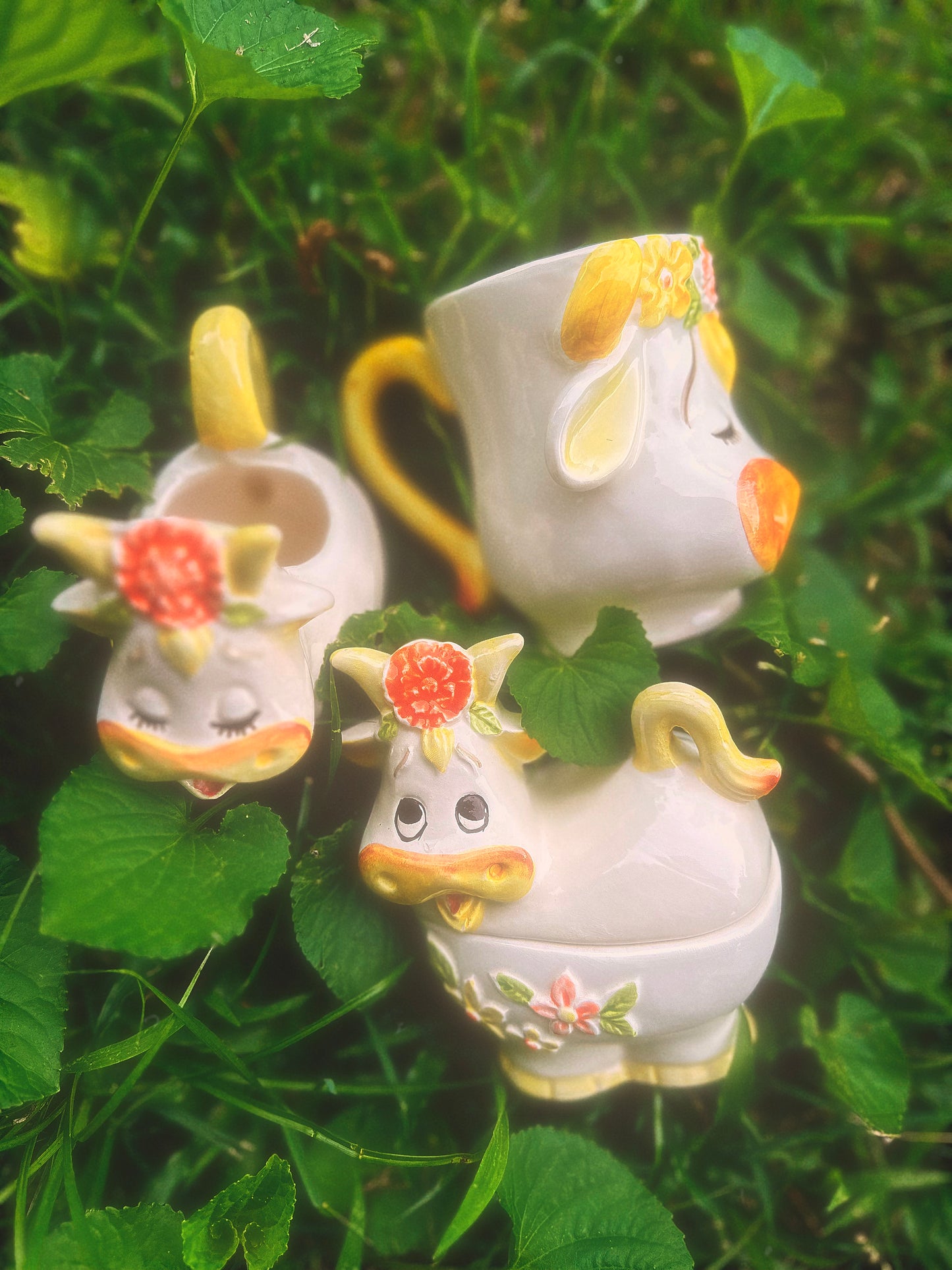 Vintage 1970s Lefton Bossie the Cow Mug, Sugar & Creamer Set (see description)🐮🌼🧡