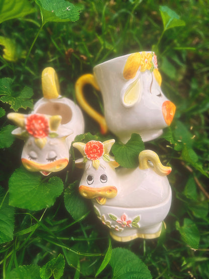 Vintage 1970s Lefton Bossie the Cow Mug, Sugar & Creamer Set (see description)🐮🌼🧡