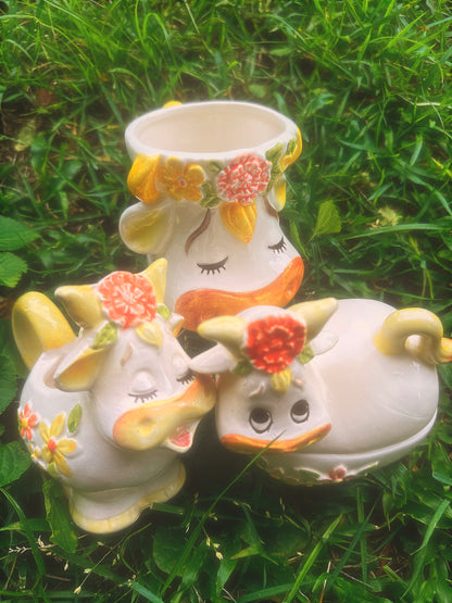 Vintage 1970s Lefton Bossie the Cow Mug, Sugar & Creamer Set (see description)🐮🌼🧡