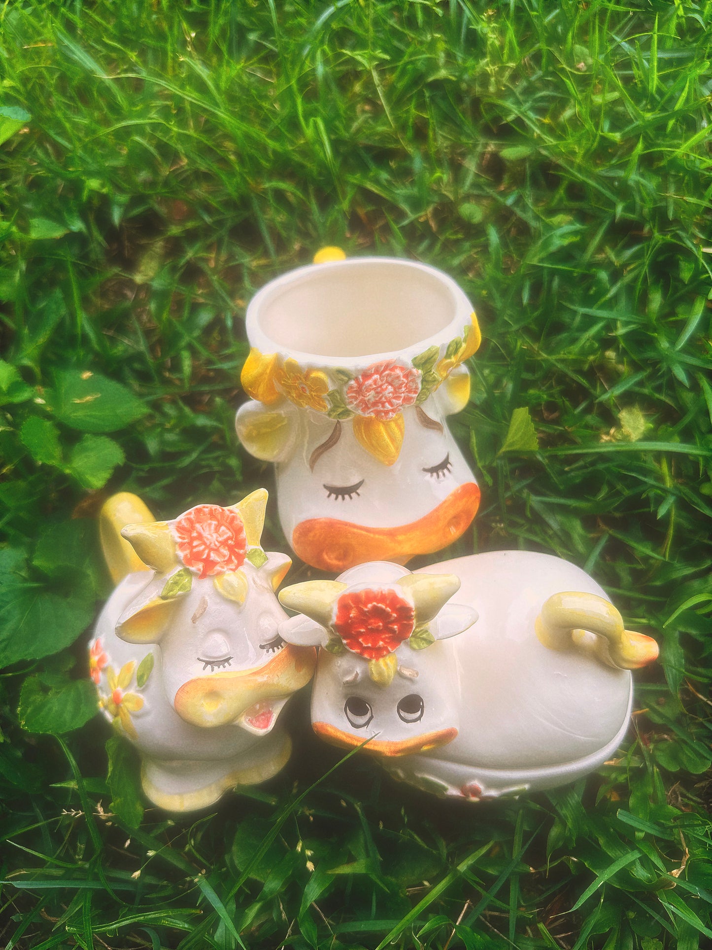 Vintage 1970s Lefton Bossie the Cow Mug, Sugar & Creamer Set (see description)🐮🌼🧡