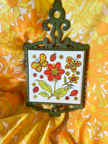 Vintage Cast Iron & Tile Trivet Hot Plate 🌼🦋