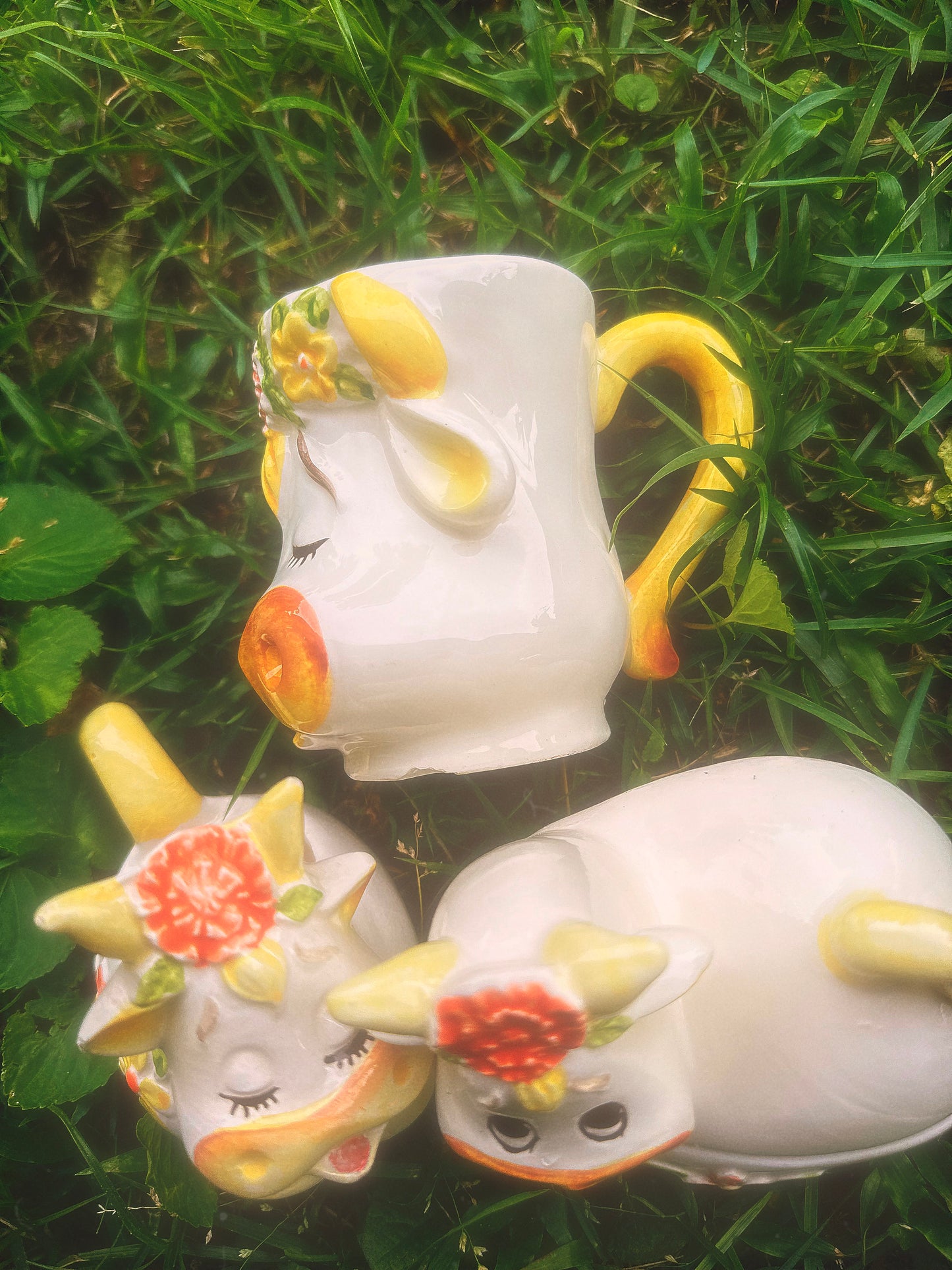 Vintage 1970s Lefton Bossie the Cow Mug, Sugar & Creamer Set (see description)🐮🌼🧡