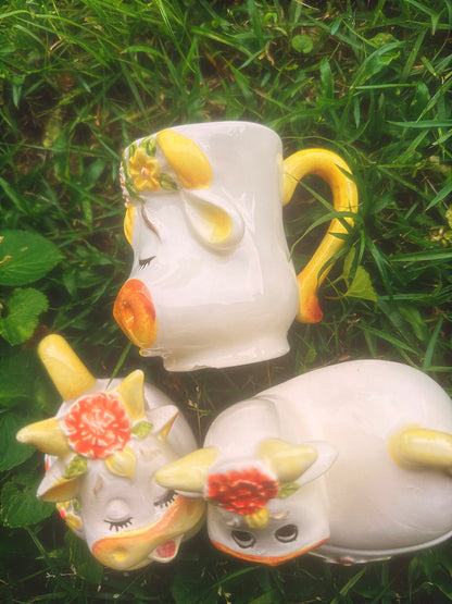 Vintage 1970s Lefton Bossie the Cow Mug, Sugar & Creamer Set (see description)🐮🌼🧡