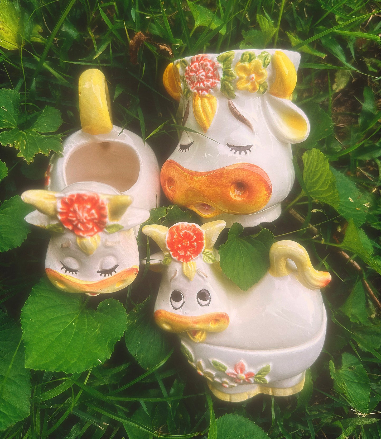Vintage 1970s Lefton Bossie the Cow Mug, Sugar & Creamer Set (see description)🐮🌼🧡