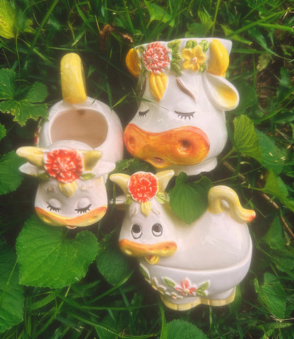 Vintage 1970s Lefton Bossie the Cow Mug, Sugar & Creamer Set (see description)🐮🌼🧡