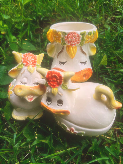 Vintage 1970s Lefton Bossie the Cow Mug, Sugar & Creamer Set (see description)🐮🌼🧡