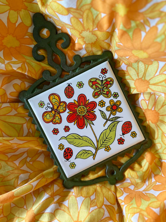 Vintage Cast Iron & Tile Trivet Hot Plate 🌼🦋