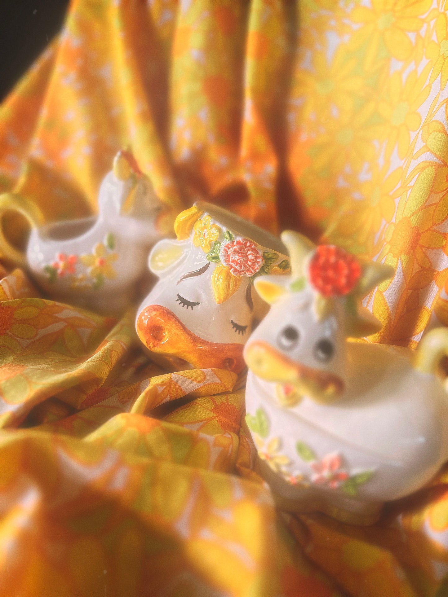 Vintage 1970s Lefton Bossie the Cow Mug, Sugar & Creamer Set (see description)🐮🌼🧡