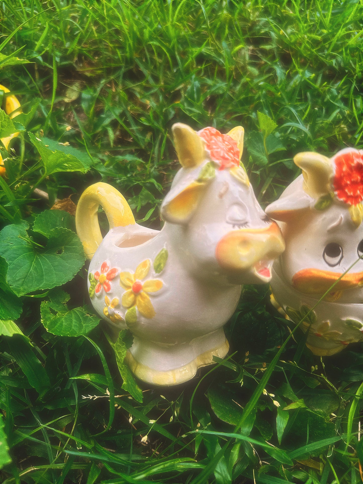 Vintage 1970s Lefton Bossie the Cow Mug, Sugar & Creamer Set (see description)🐮🌼🧡