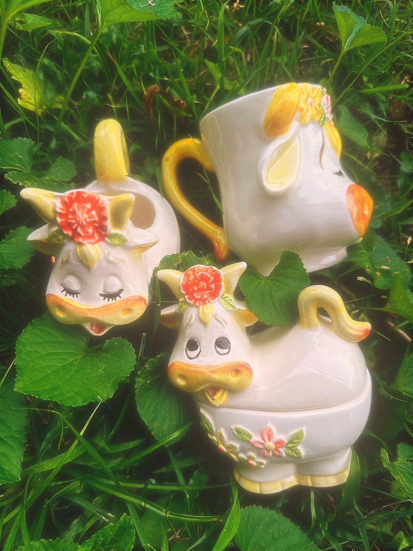 Vintage 1970s Lefton Bossie the Cow Mug, Sugar & Creamer Set (see description)🐮🌼🧡