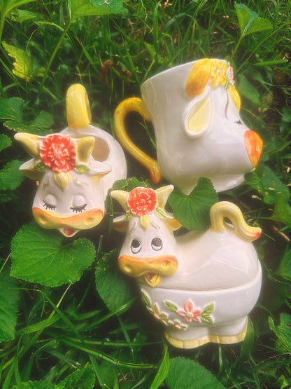 Vintage 1970s Lefton Bossie the Cow Mug, Sugar & Creamer Set (see description)🐮🌼🧡