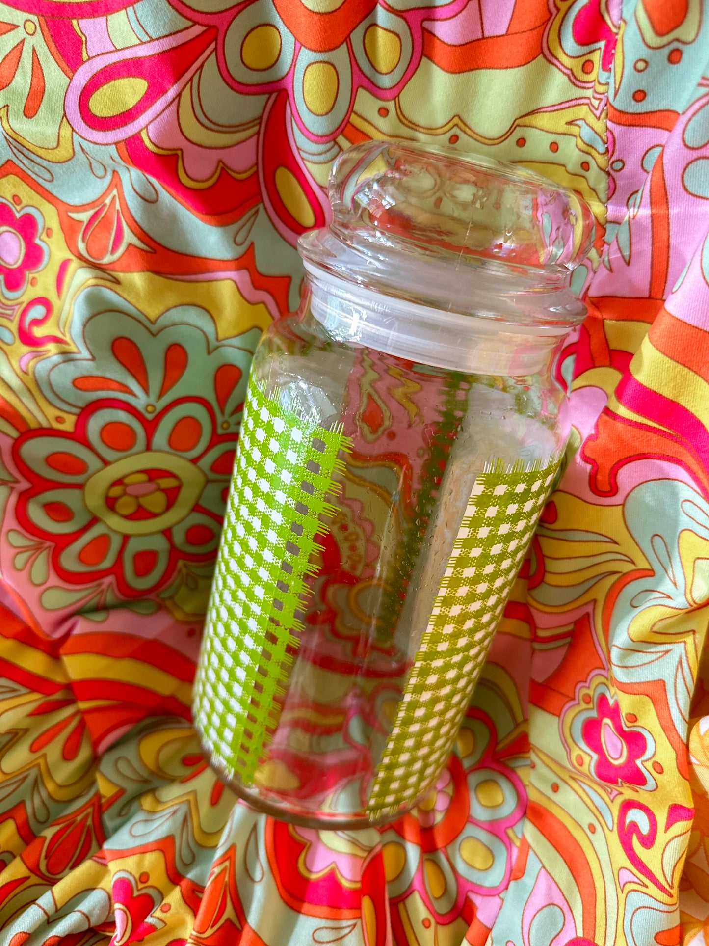 Vintage Large Green Gingham Glass Tea Storage Canister Jar