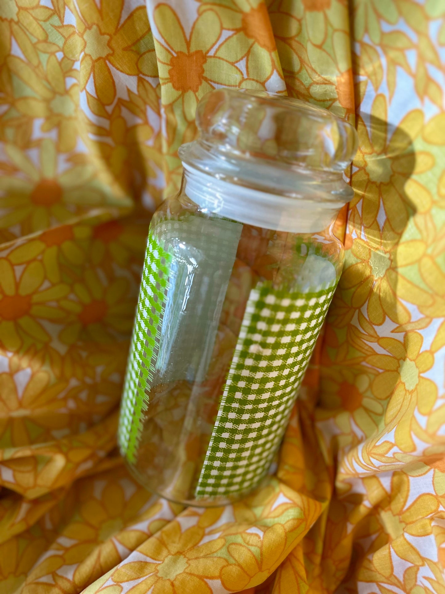 Vintage Large Green Gingham Glass Tea Storage Canister Jar