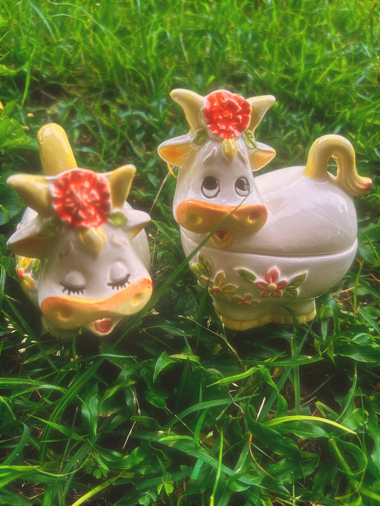 Vintage 1970s Lefton Bossie the Cow Mug, Sugar & Creamer Set (see description)🐮🌼🧡