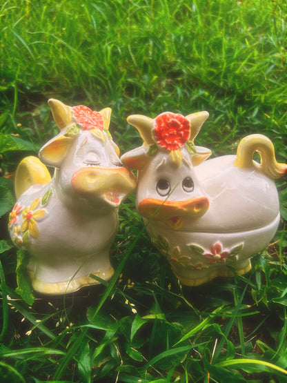 Vintage 1970s Lefton Bossie the Cow Mug, Sugar & Creamer Set (see description)🐮🌼🧡