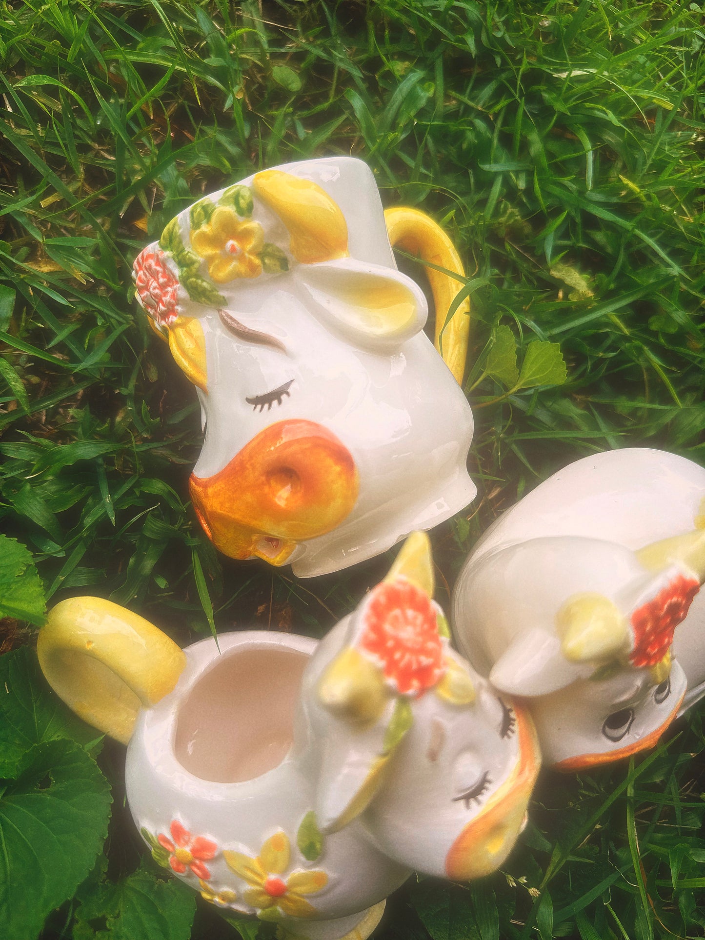 Vintage 1970s Lefton Bossie the Cow Mug, Sugar & Creamer Set (see description)🐮🌼🧡
