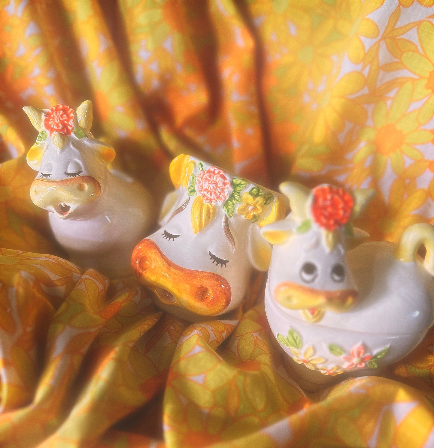 Vintage 1970s Lefton Bossie the Cow Mug, Sugar & Creamer Set (see description)🐮🌼🧡