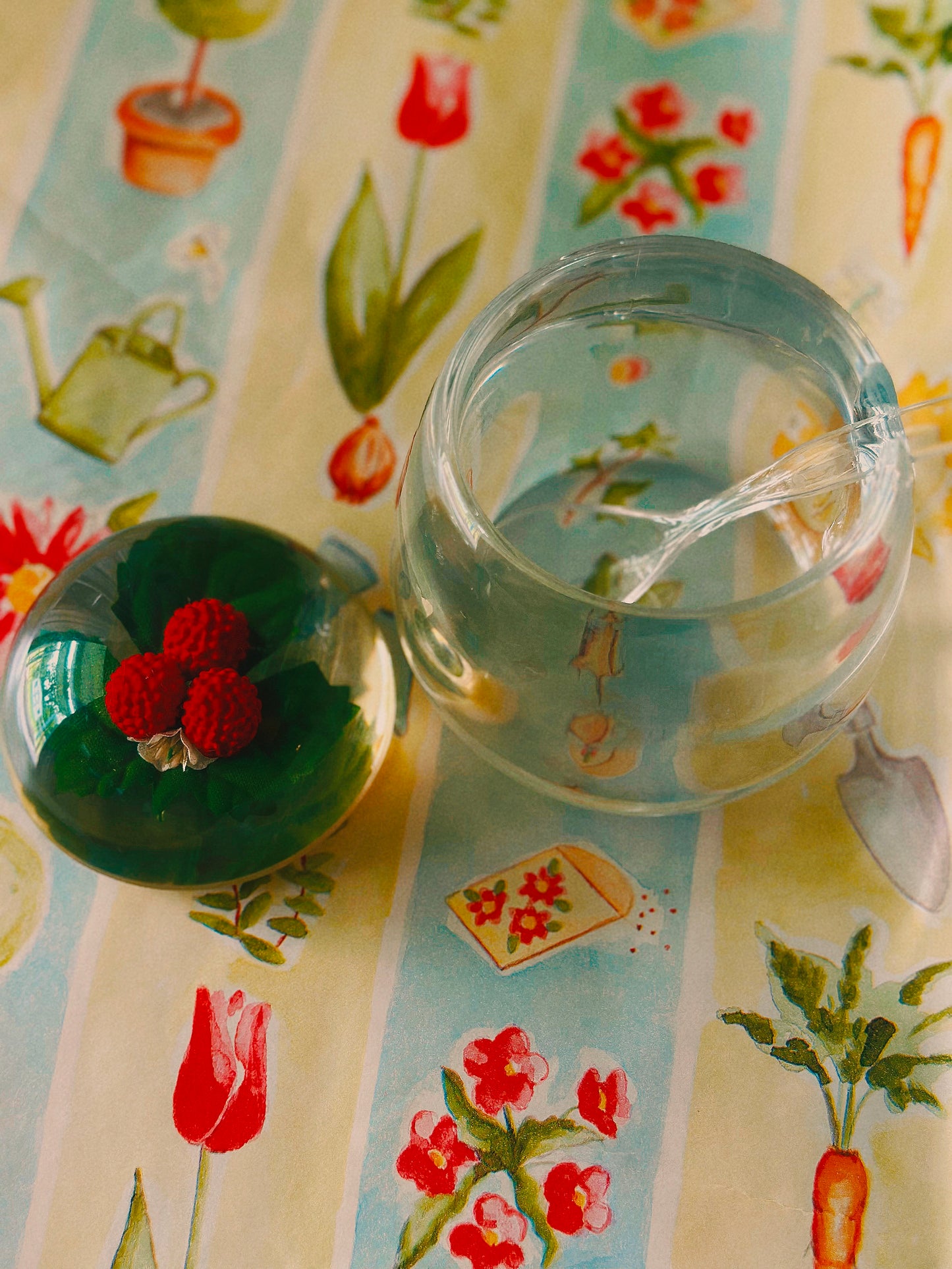 Vintage Lucite Sugar Jar with Domed Raspberry Lid & Spoon