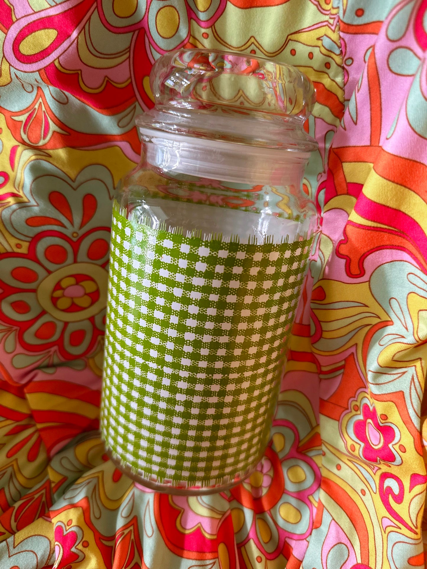 Vintage Large Green Gingham Glass Tea Storage Canister Jar