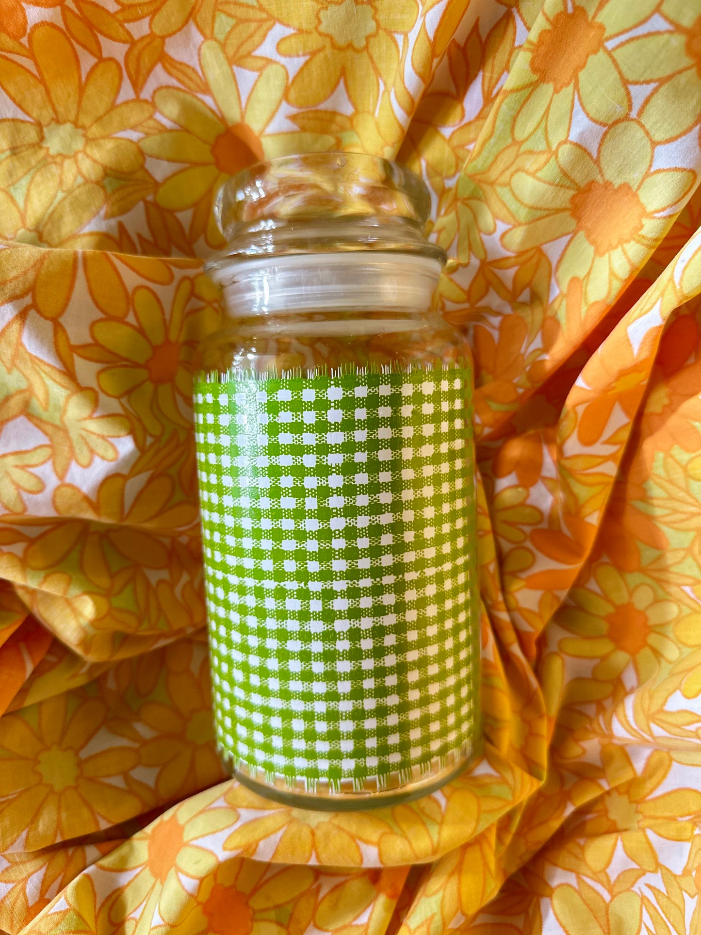 Vintage Large Green Gingham Glass Tea Storage Canister Jar