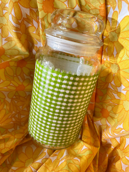 Vintage Large Green Gingham Glass Tea Storage Canister Jar