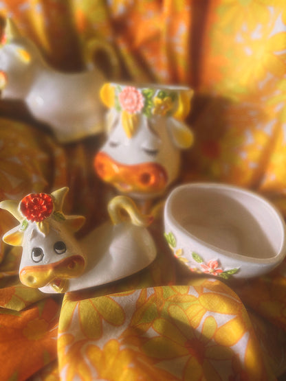 Vintage 1970s Lefton Bossie the Cow Mug, Sugar & Creamer Set (see description)🐮🌼🧡