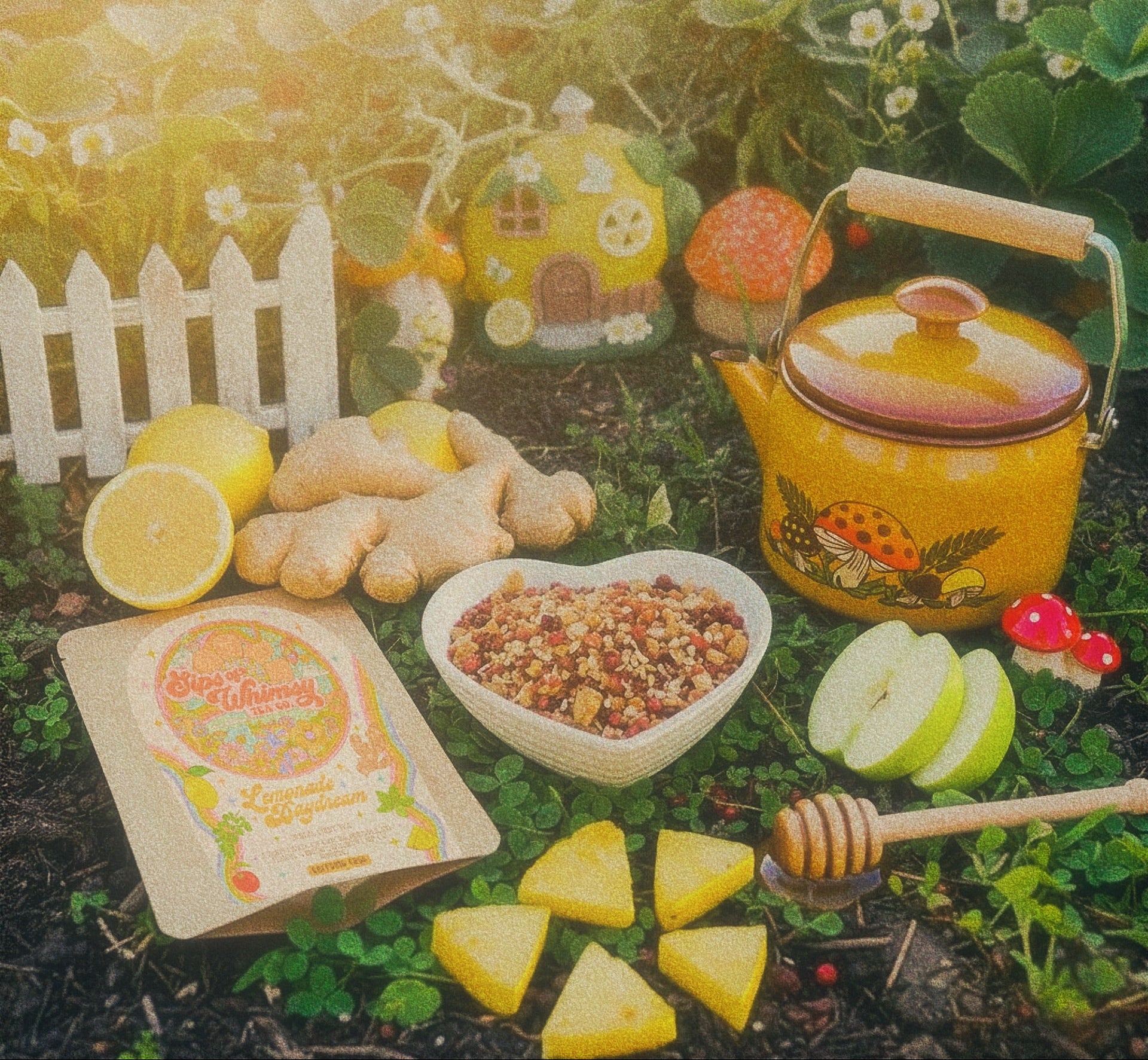 Yellow teapot, lemons, honey, and a book on a garden setting with fairy houses in the background.