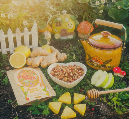 Yellow teapot, lemons, honey, and a book on a garden setting with fairy houses in the background.