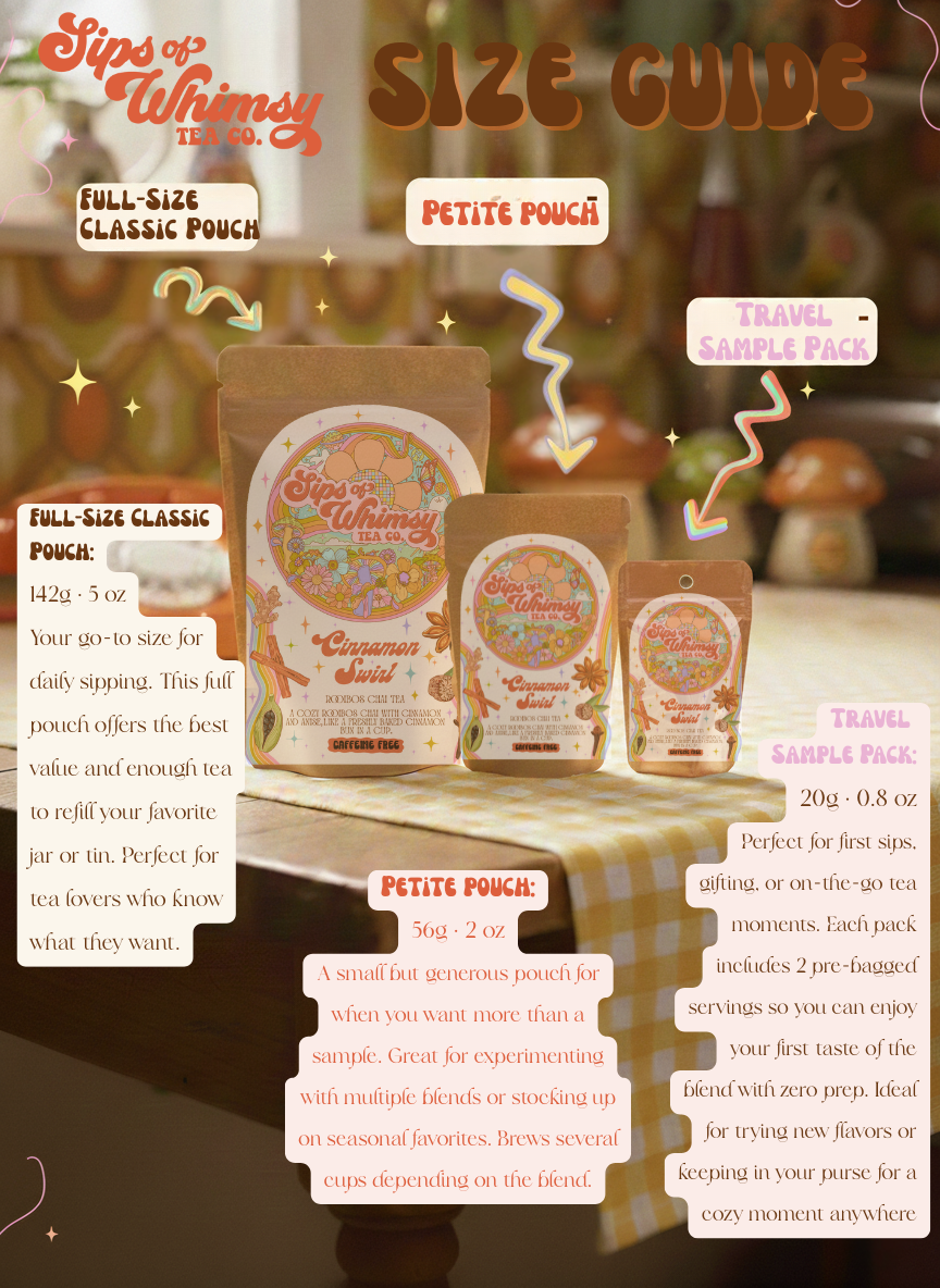 Tea packaging size guide with 'sips of Whimsy' branding